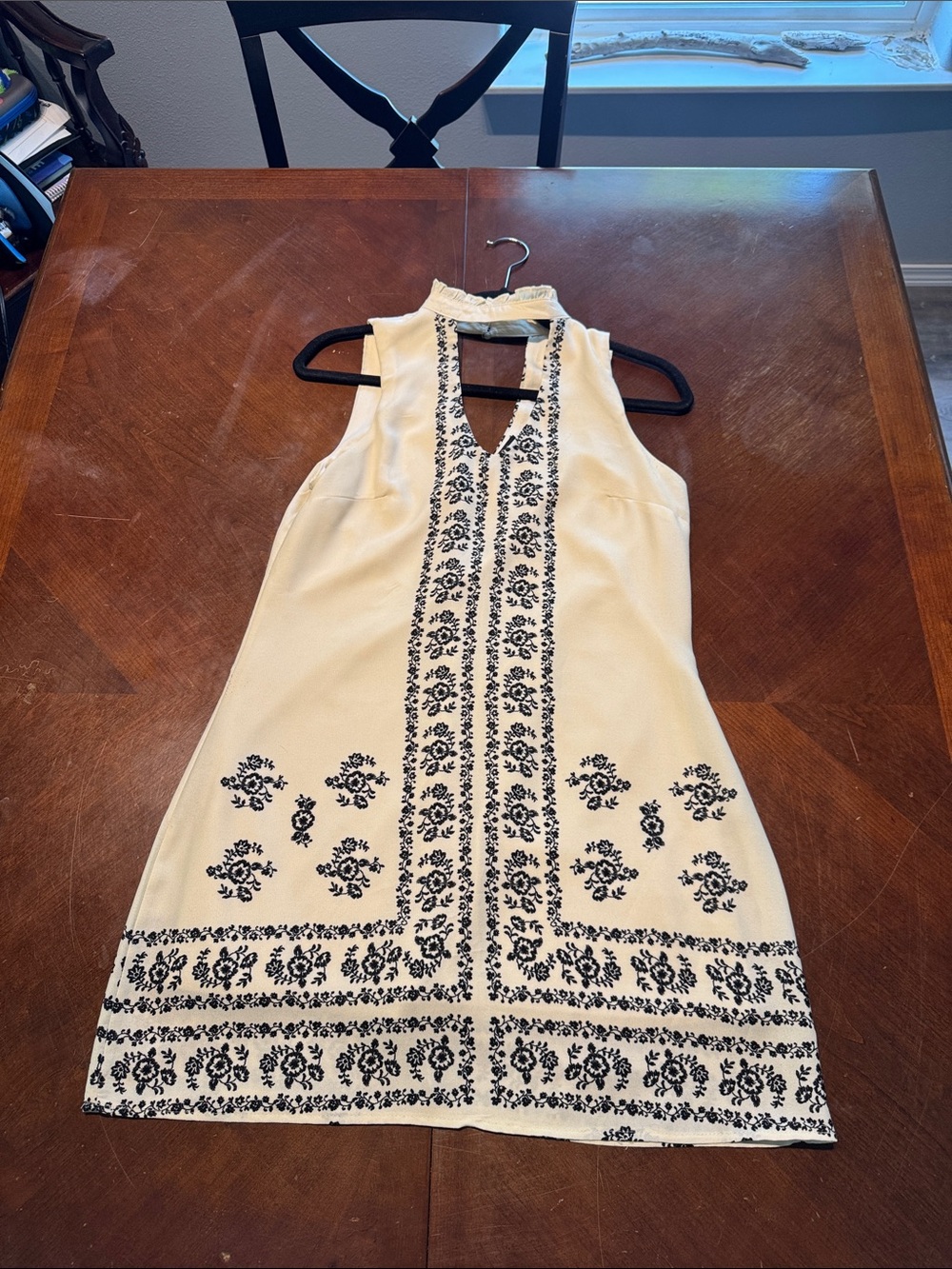 HeartSoul Cream Sleeveless Embroidered Shift Dress with Black Trim